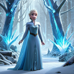 Elsa, now a confident ice queen after overcoming her internal struggles in Frozen 2, standing powerfully in a magical forest, her ice powers glowing, symbolizing her role as a bridge between humanity and nature.