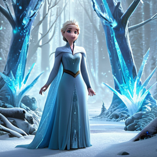 Home 15 Elsa, now a confident ice queen after overcoming her internal struggles in Frozen 2, standing powerfully in a magical forest, her ice powers glowing, symbolizing her role as a bridge between humanity and nature.