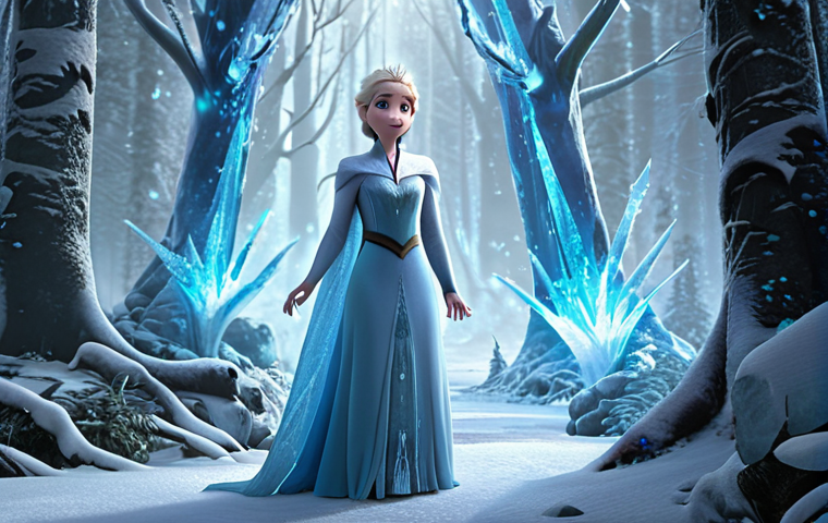 Elsa, now a confident ice queen after overcoming her internal struggles in Frozen 2, standing powerfully in a magical forest, her ice powers glowing, symbolizing her role as a bridge between humanity and nature.