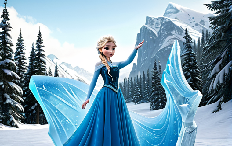 Elsa in a snowy landscape**
"Elsa, the Snow Queen, standing majestically in a winter landscape, creating ice sculptures with her powers. She is wearing a beautiful, fully clothed ice-blue gown, modest design, with intricate snowflake details. Snow and ice surround her, reflecting the light. Background: snow-covered mountains and a frozen forest. Perfect anatomy, correct proportions, natural pose, well-formed hands, proper finger count, high quality, professional, safe for work, appropriate content, fully clothed."
**